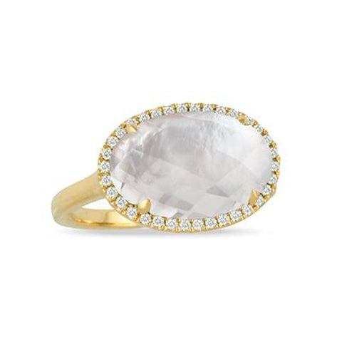 18K YELLOW GOLD WHITE ORCHID DIAMOND RING WITH CLEAR QUARTZ OVER WHITE MOTHER OF PEARL