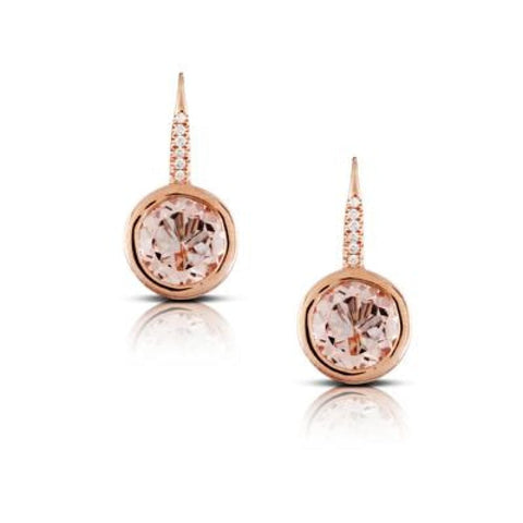 18KT ROSE GOLD ROUND FACETED MORGANITE BEZEL SET DROP EARRINGS WITH DIAMONDS SET INTO THE EAR WIRE