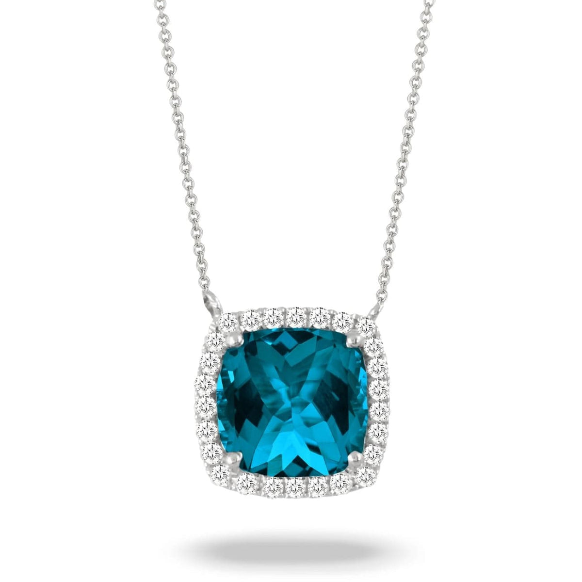 Doves Jewelry - 18KT WHITE GOLD CUSHION SHAPED LONDON BLUE TOPAZ HALO NECKLACE | Manfredi Jewels