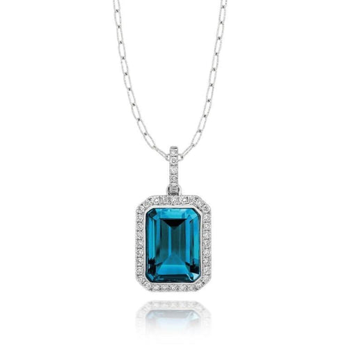 Doves Jewelry - 18KT White Gold Emerald Cut London Blue Topaz Pendant on 18’ Chain | Manfredi Jewels