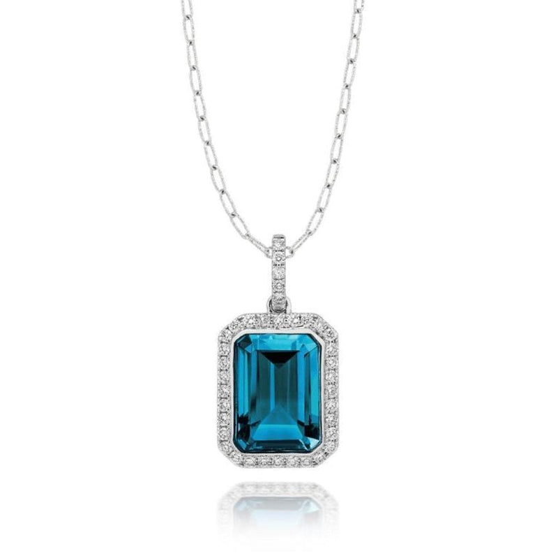 Doves Jewelry - 18KT White Gold Emerald Cut London Blue Topaz Pendant on 18’ Chain | Manfredi Jewels