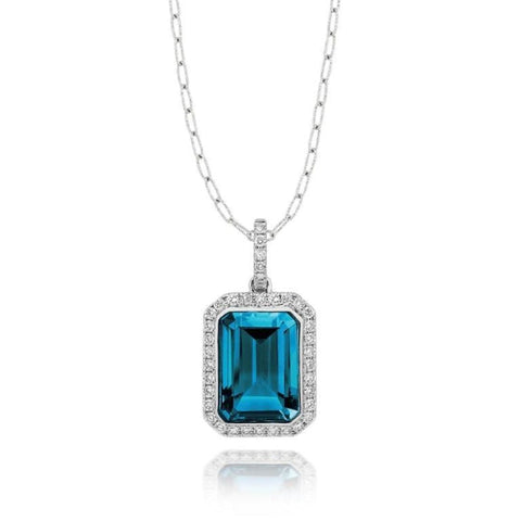 Doves 18KT White Gold Emerald Cut London Blue Topaz Pendant on 18" Chain