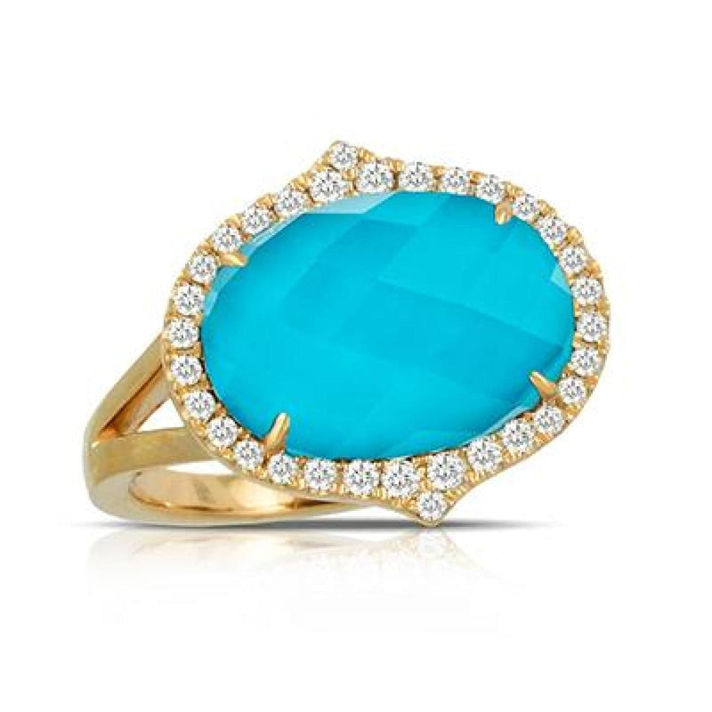 Doves Jewelry - 18KT YELLOW GOLD CLEAR QUARTZ OVER TURQUOIOSE & DIAMOND OVAL SHAPED HALO RING | Manfredi Jewels