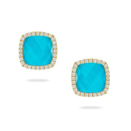 Doves Jewelry - 18KT YELLOW GOLD CLEAR QUATRZ OVER TURQUOIOSE & DIAMOND CUSHION SHAPED HALO EARRINGS | Manfredi Jewels