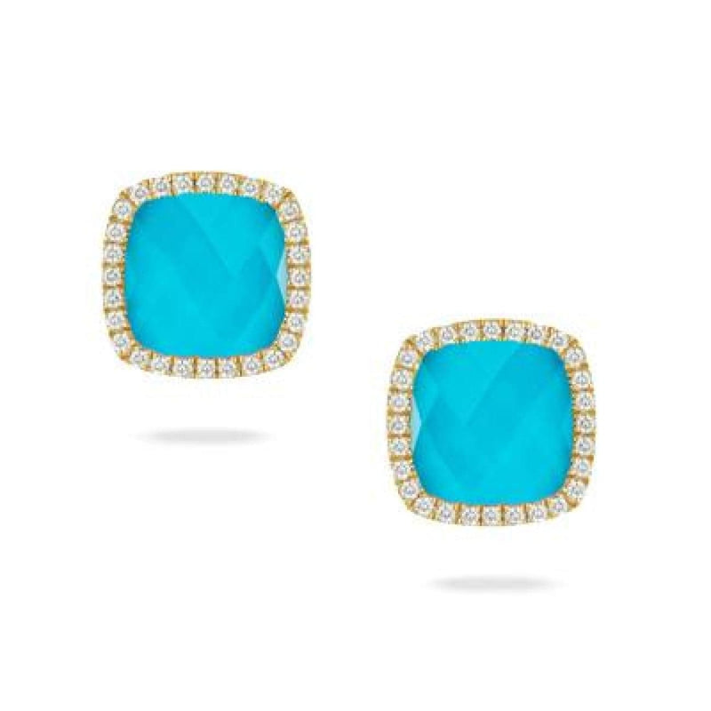 Doves Jewelry - 18KT YELLOW GOLD CLEAR QUATRZ OVER TURQUOIOSE & DIAMOND CUSHION SHAPED HALO EARRINGS | Manfredi Jewels