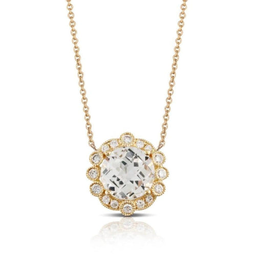 Doves Jewelry - 18KT Yellow Gold Neck with Round Faceted White Topaz Diamond Halo | Manfredi Jewels
