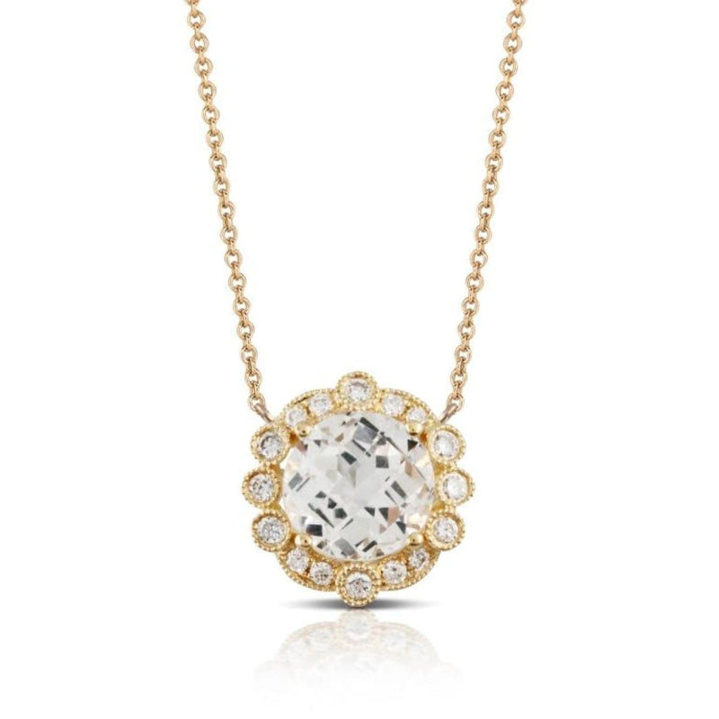 Doves Jewelry - 18KT Yellow Gold Neck with Round Faceted White Topaz Diamond Halo | Manfredi Jewels