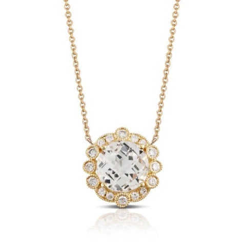 Doves 18KT Yellow Gold Neck with Round Faceted White Topaz with Diamond Halo