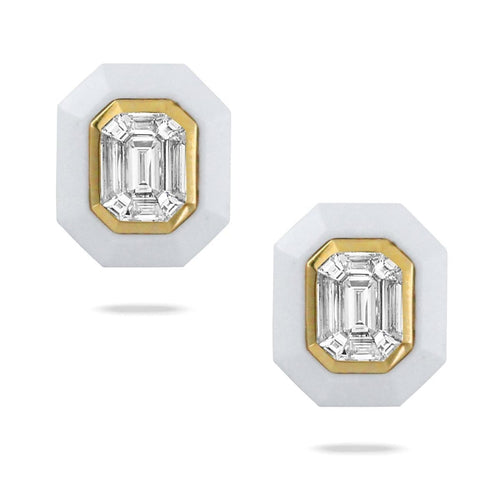 Doves Jewelry - 18KT Yellow Gold White Agate and Diamond Earrings | Manfredi Jewels