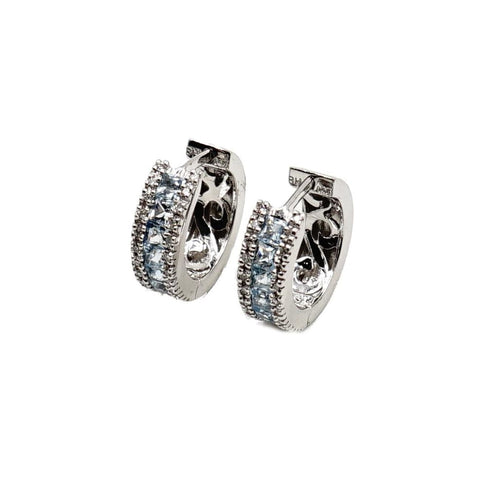 14K White Gold Diamond and Blue Topaz Hoop Earrings