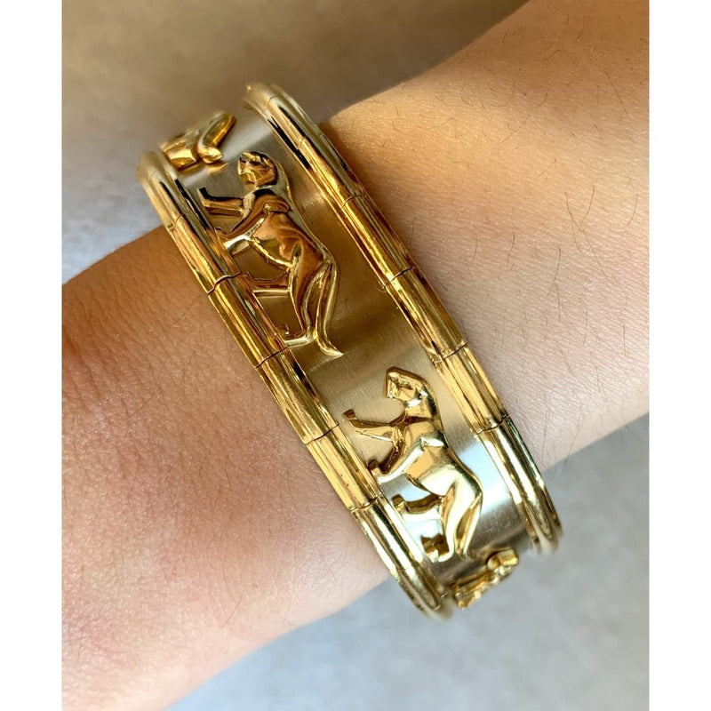 Estate Jewelry - 18 Karat White and Yellow Gold Solid Panther Cuff Bracelet | Manfredi Jewels