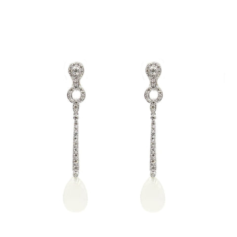 18K White Gold Diamond Art Deco Moonstone Drop Earrings