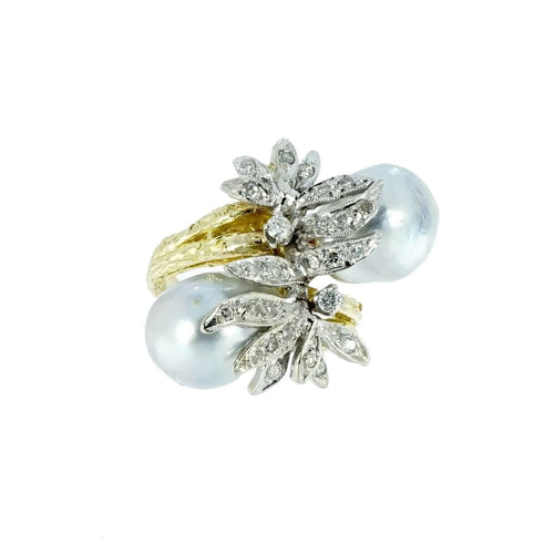 Estate Jewelry - 18K Yellow Gold Baroque Pearl and Diamond Bypass Ring | Manfredi Jewels