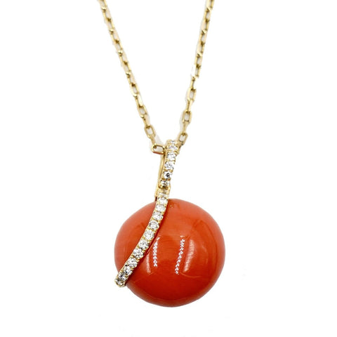 18K Yellow Gold Coral Diamond Necklace