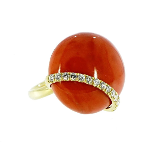 18K Yellow Gold Coral Diamond Ring