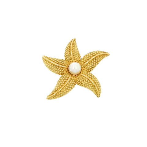 18K Yellow Gold Starfish Brooch with Cultured Pearl