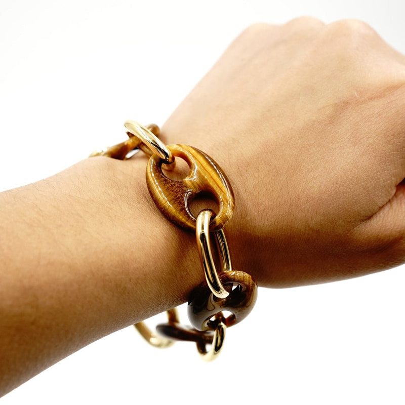Estate Jewelry - 18K Yellow Gold Tiger Eye Link Bracelet | Manfredi Jewels