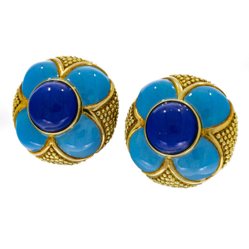 Estate Jewelry - 18K Yellow Gold Turquoise and Lapis Earrings | Manfredi Jewels
