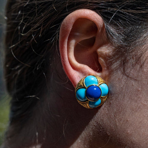 Estate Jewelry - 18K Yellow Gold Turquoise and Lapis Earrings | Manfredi Jewels