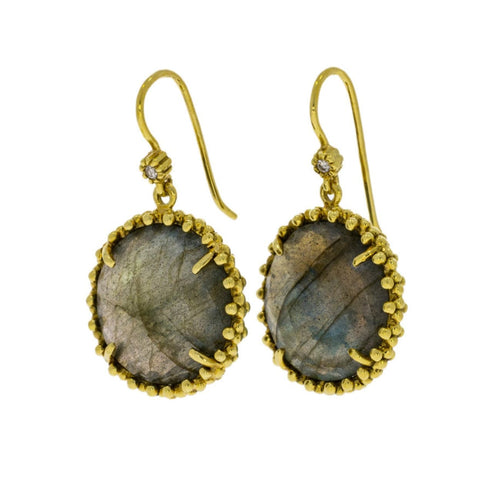 Estate Jewelry - 18K YG Round Labradorite Drop Earrings | Manfredi Jewels