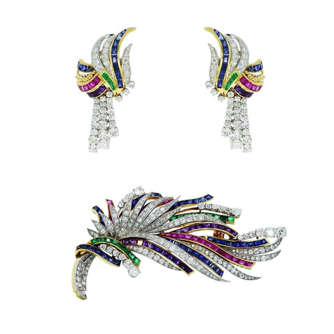 Boucheron - Paris Diamond, Ruby, Sapphire and Emerald Brooche & Earrings Set