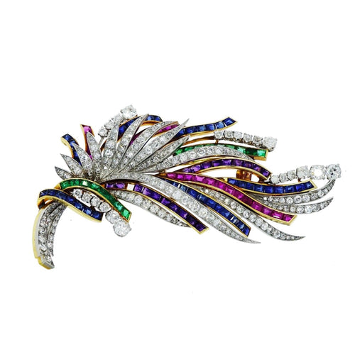 Estate Jewelry - Boucheron Paris Diamond Ruby Sapphire and Emerald Brooche & Earrings Set | Manfredi Jewels