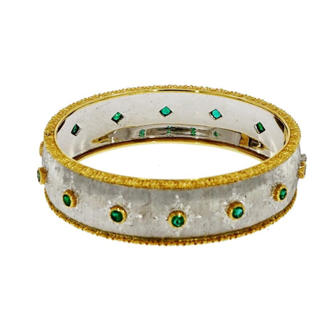 Buccellati 18K White & Yellow Gold Bangle Bracelet with Emeralds