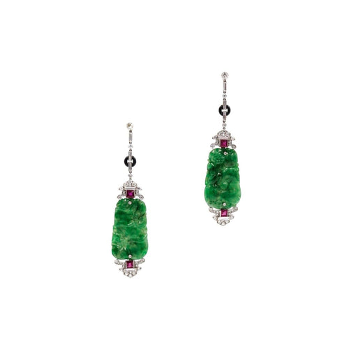 Estate Jewelry - Certified Natural Jade Ruby and Diamond Art Deco Platinum Drop Earrings | Manfredi Jewels