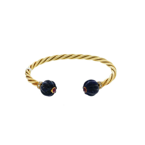 Estate Jewelry - Cuff Bracelet with Carved Lapis Lazuli and cabochon Ruby & Diamond | Manfredi Jewels