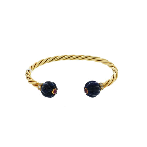 Cuff Bracelet with Carved Lapis Lazuli and cabochon Ruby & Diamond