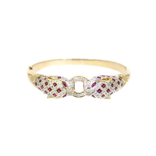 Estate Jewelry - Diamond and Ruby Panther Yellow Gold Bangle Bracelet | Manfredi Jewels