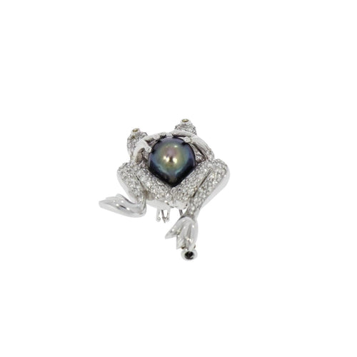 Estate Jewelry - Diamond Frog with a Tahitian Cultured Pearl White Gold Brooch | Manfredi Jewels