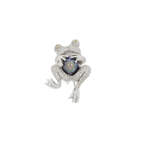 Diamond Frog with a Tahitian Cultured Pearl White Gold Brooch