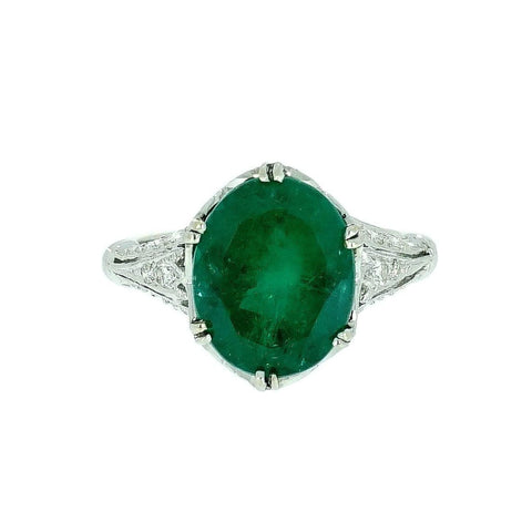 GIA Certified Oval Emerald Vintage White Gold Ring