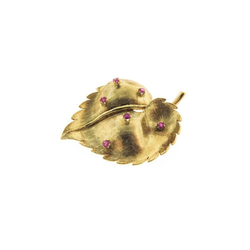 Estate Jewelry - Leaf with Rubies Yellow Gold Brooch | Manfredi Jewels