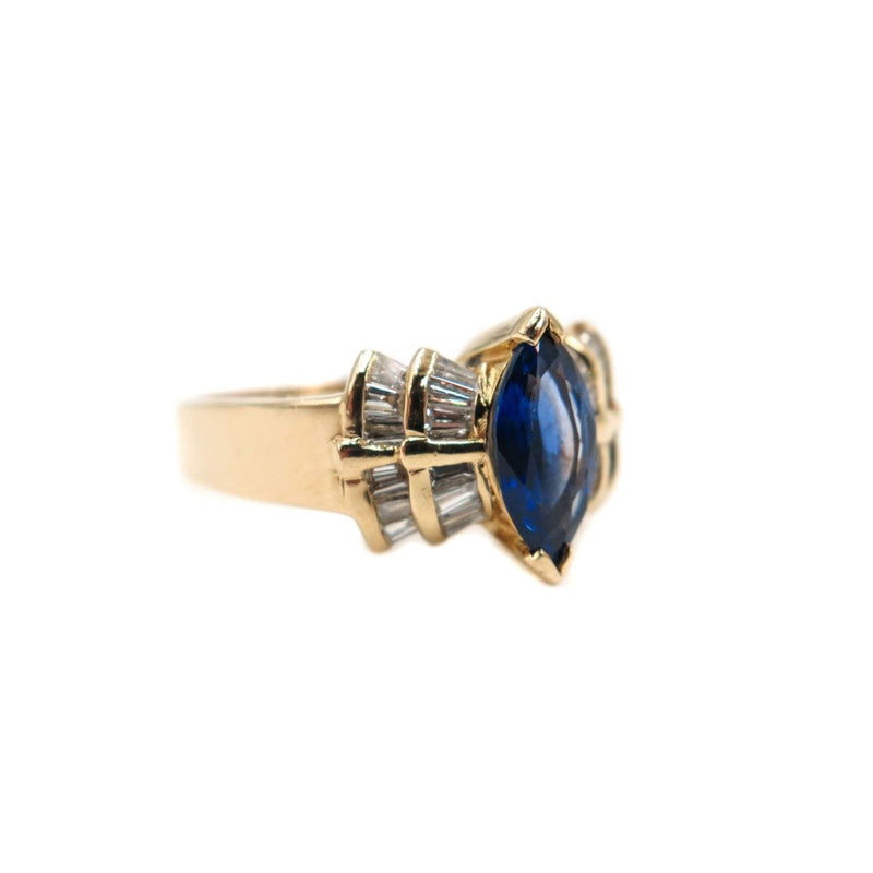Estate Jewelry - Marquise - cut Blue Sapphire and Diamond Yellow Gold Ring | Manfredi Jewels