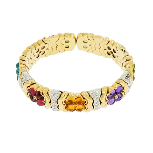 Estate Jewelry - Multicolor Gemstones and Diamond Flowers Yellow Gold Bracelet | Manfredi Jewels