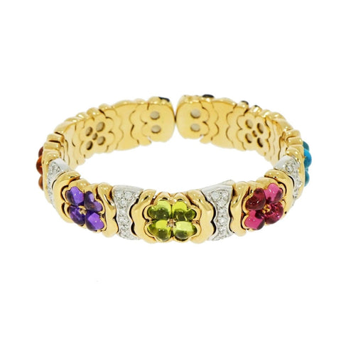 Multicolor Gemstones and Diamond Flowers Yellow Gold Bracelet