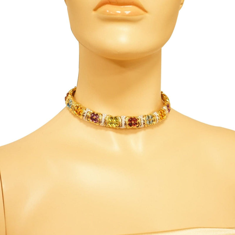 Estate Jewelry - Multicolor Gemstones Flowers Yellow Gold Necklace | Manfredi Jewels