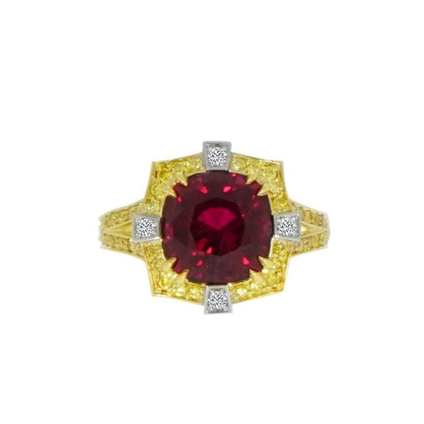 Natural Red Spinel, Diamond and Diamond Yellow Gold Ring