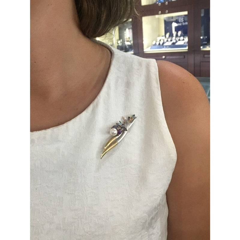 Estate Jewelry Estate Jewelry - Platinum & Gold Floral Inspired Cultured Pearl Brooch | Manfredi Jewels