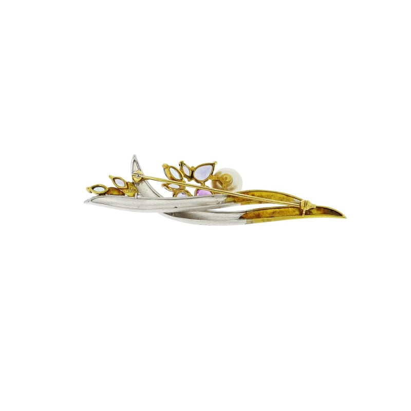 Estate Jewelry - Platinum & Gold Floral Inspired Cultured Pearl Brooch | Manfredi Jewels