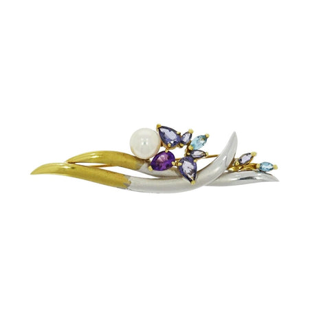 Platinum & Gold Floral Inspired Cultured Pearl Brooch
