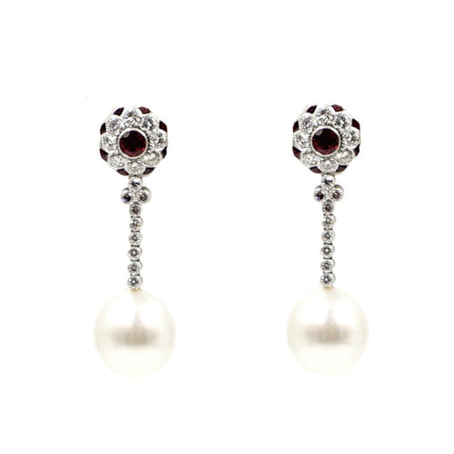 Estate Jewelry - Ruby Diamond Halo and Pearl Drop Earrings | Manfredi Jewels