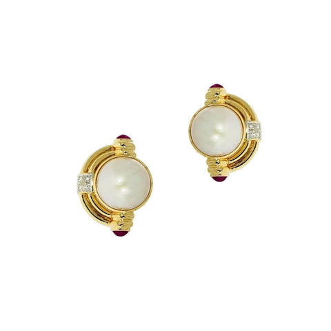 Yellow Gold Mabe Pearl with Diamond and Ruby Earrings