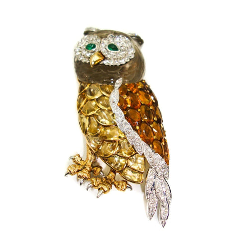 Yellow Topaz Diamond Yellow Gold Owl Brooch