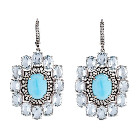 18K White Gold Dangling blue topaz and turquoise earrings