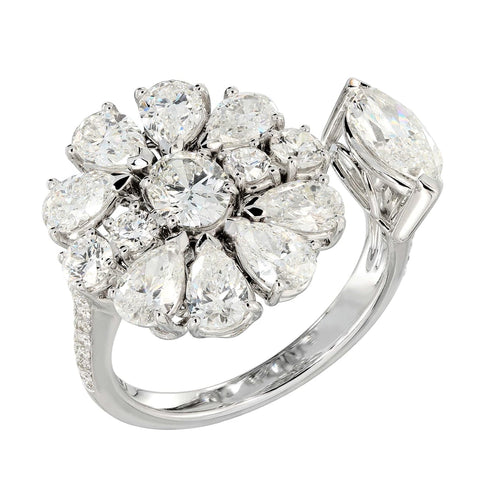 18K White Gold Split Diamond Flower Ring With A Marquis On The Side