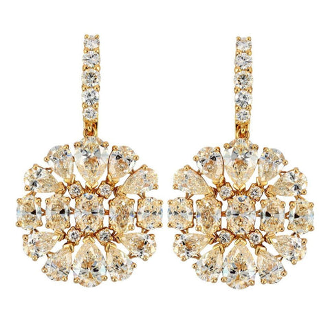 18K Yellow Gold Cluster Of Diamonds Dangling Earrings