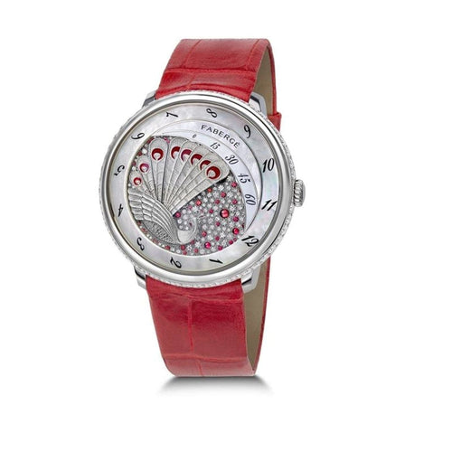 Fabergé Watches - Compliquée Peacock Red Diamond Platinum & Ruby Ladies Watch | Manfredi Jewels